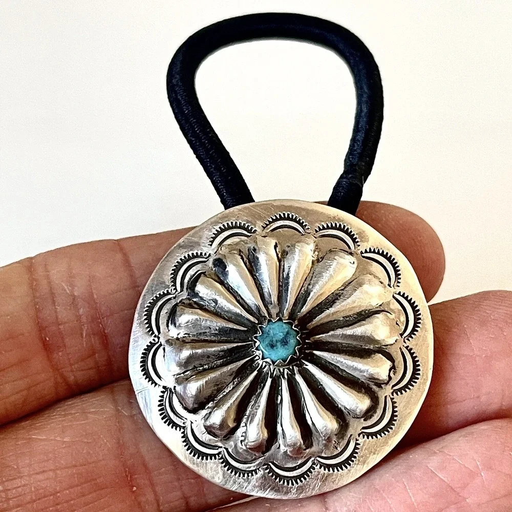 Turquoise Navajo Hair Tie 1.25in Ponytail Hand Stamped Sterling‎ Ornament Concho
